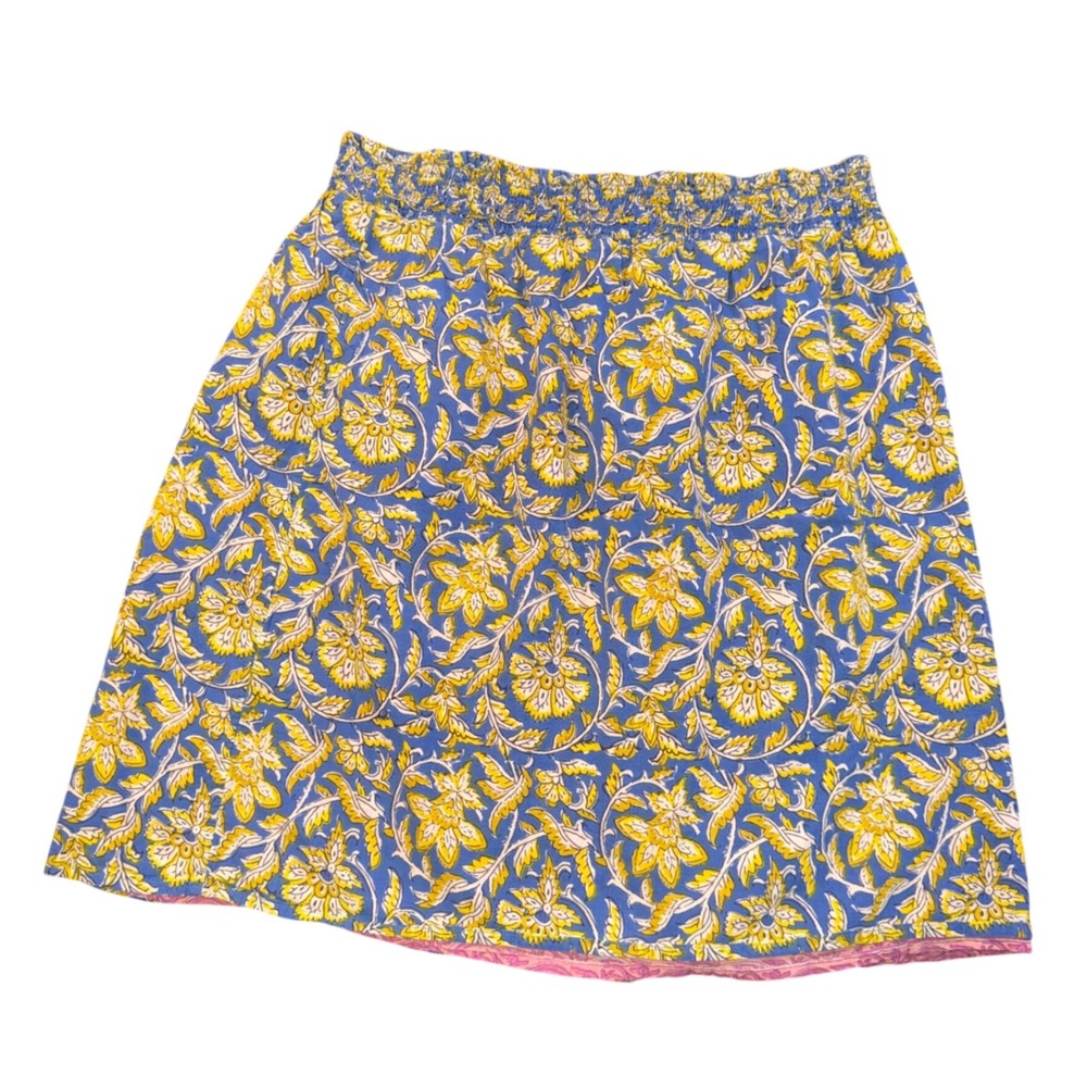 Reversible Cotton Floral Block Print Mini Skirt Pink Blue Yellow Boho Smocked‎